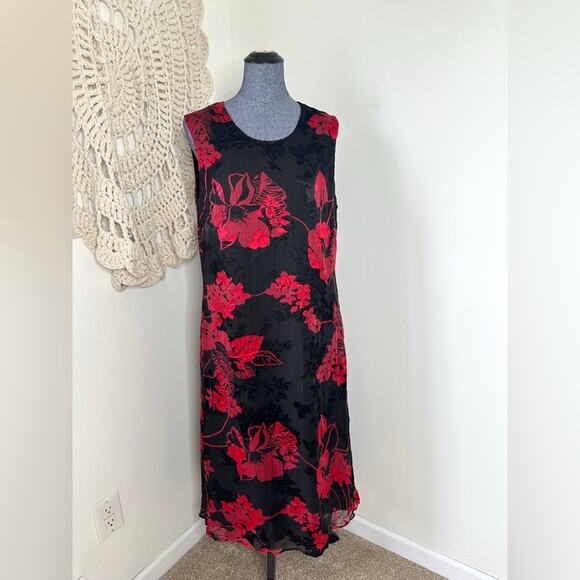 Vintage Dresses & Skirts - Vintage Whimsygoth Black and Red Floral Maxi Silk Blend Burnout Velvet Dress 16